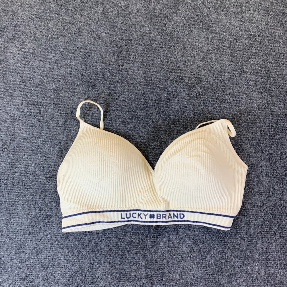 Lucky Brand Bralette Womens 38C Cream Ribbed Wireless Padded Logo Band